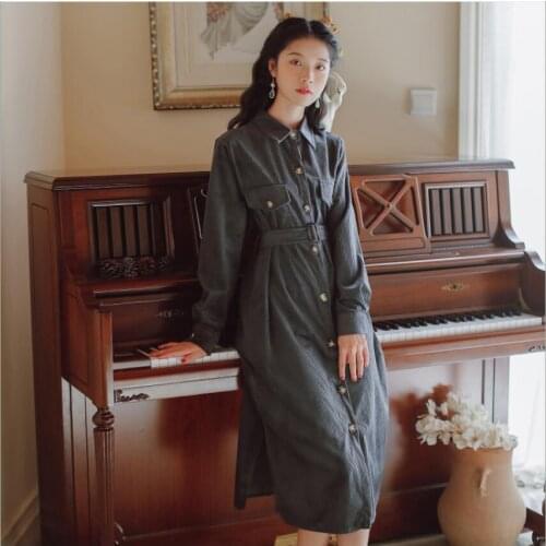 Womens dress 2019 autumn / winter new solid color Women 50S 60S Vintage long sleeve dress French retro Midi Vestidos