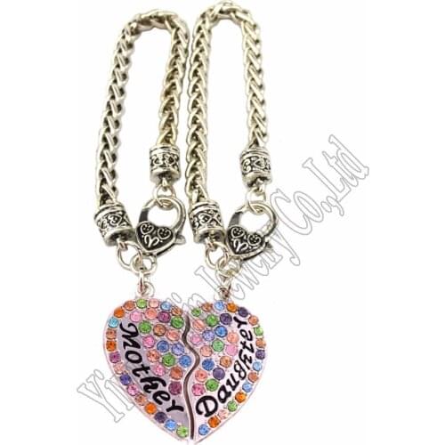 1set(1pcs mother+1pcs daughter) zinc alloy Mother and Daughter Crystal Heart Pendant with wheat link chain Lobster Claw Bracelet