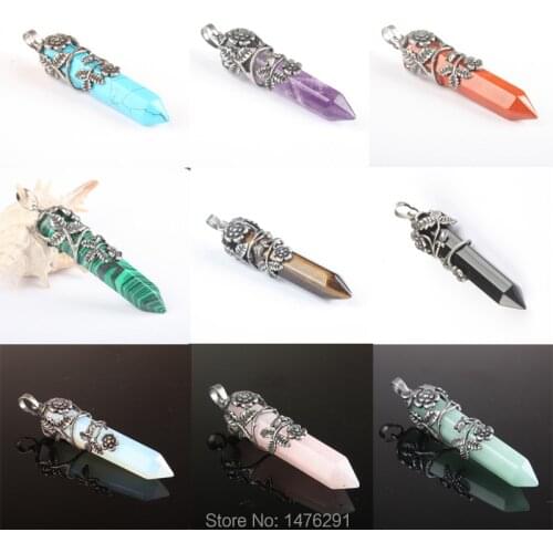 Wire Winding Flower Onyx Lapis Carnelian Opal Tiger Eye Rose Crystal Quartz Hexagon Pillar Pendant 1 PCS