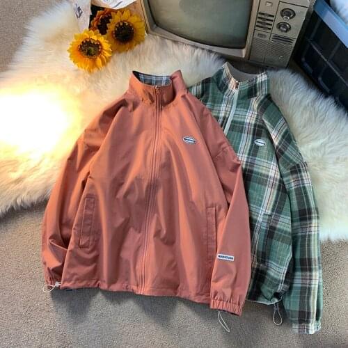 2021 New Coat Spring Autumn Casual Stand Jacket Men Korean Reversible Plaid Fashion All Match Loose Fit Jacktes Men Women