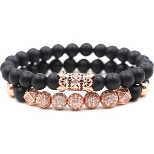 4 Colors Bend 8MM Matted Black Stone Beaded Bracelet Set CZ Zircon Crystal Ball Buddha Charms Bracelet Men Women Fashion Jewelry