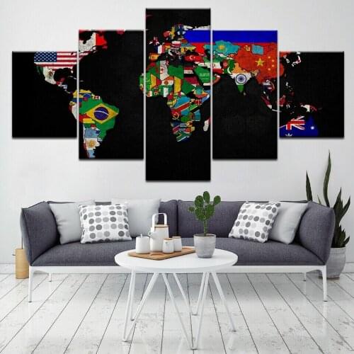 5 Pieces HD Print Poster Wall Art World Map National Flags Canvas Painting Living Room Home Decoration Picture