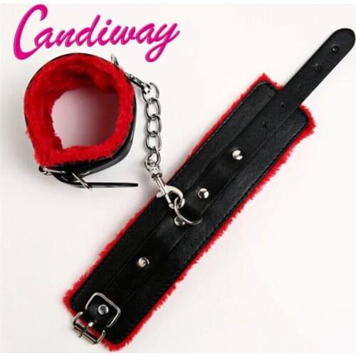 Candiway Red Adjustable Soft Fur Leather Handcuffs BDSM Role Play Bed Games Fun accessory Sex Toys For Couples ( Red )