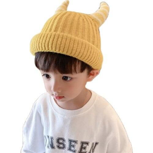 New 2021 Spring Autumn Childrens Wool Knitted Hats Cute Stripe Horns Personality Pullover Hats Warm Woolen Caps For Boys Girls