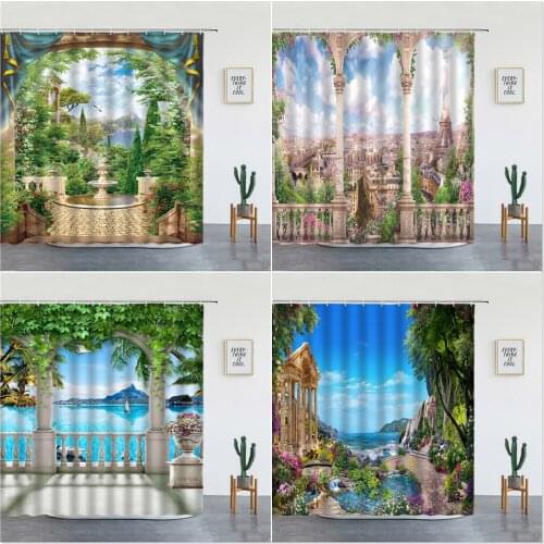 European Landscape Shower Curtains Paris Tower Mediterranean Natural Scenery Backdrop Wall Decor Bathroom Bath Screen With Hooks