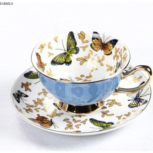 Bone China Coffee Cup Sets Colorful Butterfly Ceramic Tea Cups And Saucers British Office Teacup Porcelain Nice Gift