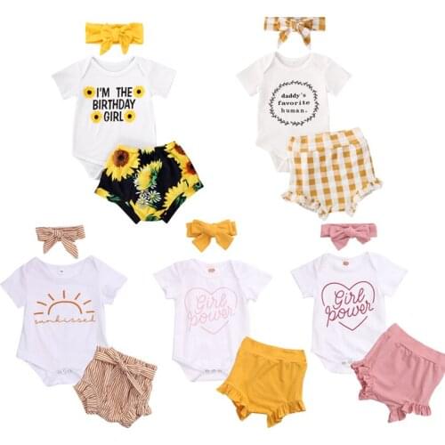 0-24M Newborn Kids Baby Girls Boys Lovely Clothes Sets Floral Print Romper Tops+Shorts Headband 3pcs