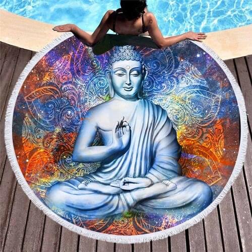 Lannidaa Mysterious Buddha Statue Round Beach Towel For Adults Microfiber Indoor Outdoor Yoga Mat Home Decor Sofa Table Cover