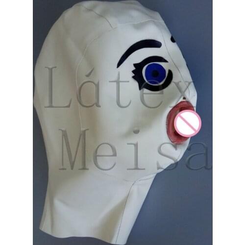 Adults' cartoon latex hood Fetish open nostrils and stick with eyes & mouth & eyebrown in white color