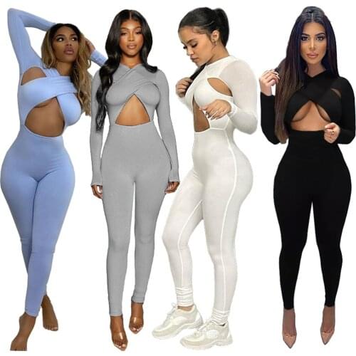 Fashion Women Solid Color Sexy Cross Hollow Out Jumpsuit Long Sleeve One Piece Jumpsuit Bodycon Nightclub Party Outfits