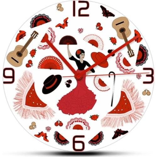 Flamenco Dancer Elements Modern Design Wall Clock Spanish Style Home Décor Folk Music And Dance Silent Non Ticking Wall Watch