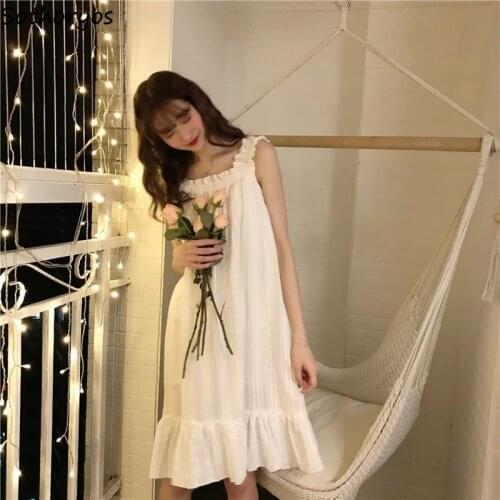 Women Nightgown Summer Solid Sweet Spaghetti Strap Ruffles Sleepshirts Female Cute Thin Breathable Sleeveless Soft Korean Style