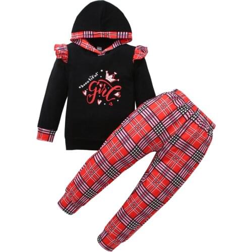 2021 Autumn Little Girl Long Sleeve Pullover Hooded Sweatshirt +lastic Waist Plaid Pants Set Baby Gir Tops Clothing 18M-6 Years