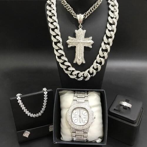 Luxury Men Watch & Neckalce & Braclete & Ring & Earrings Combo Set Ice Out Cuban Watch Crystal Miami Necklace Hip Hop For Men