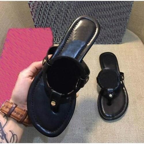 Genuine Leather Flat Slippers For Women Flip Flops Sandals For Women Summer Designer Shoes Women Luxury Brand Logo Big Size 43