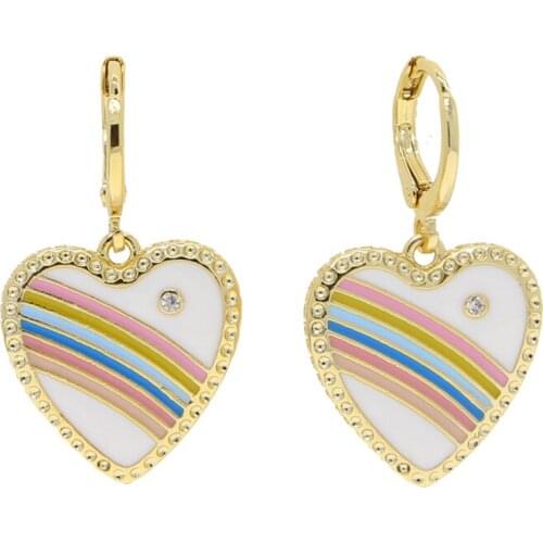 Vintage Shiny Rainbow Enamel Heart Dangle Earrings for Women Metallic Crystal Charm Hanging Elegant Drop Earrings Jewelry