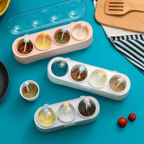 Wonderlife Four-Grid Household Lid Box Moisture-Proof Plastic One-Piece Pot Seasoning Set Seasoning Salt Sugar Box