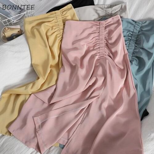 Skirts Women Shirring Side-slit Pure Color Design Summer 6 Colors Elegant All-match Feminine Leisure Soft Simple Daily Ulzzang