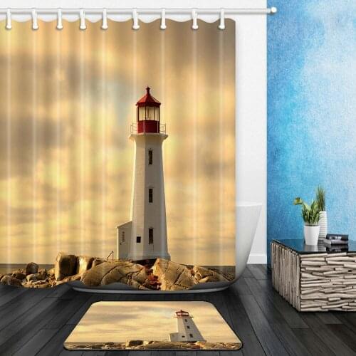Lighthouse Landscape Shower Curtains Set Seaside Building Scenery Bathroom Decor Home Bathtub Curtain and Flannel Mat 40x60 cm