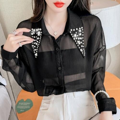 Beaded diamond sunscreen shirt female chiffon long-sleeved 2021 summer new super fairy cardigan thin coat