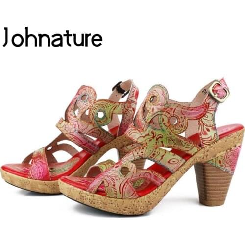 Johnature Women Sandals Summer Shoes Genuine Leather Mixed Colors 2021 New Ethnic Buckle Strap Concise Platform Ladies Sandals