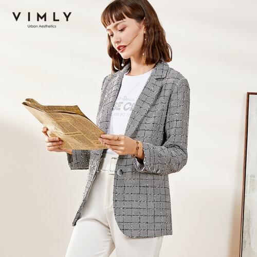 Vimly Blazer Women Spring Autumn Elegant Office Lady Plaid Single Button Female Jacket Clothes Femme Veste F0052