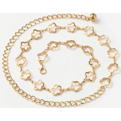 Women Heart Chain Belt Small flower Pendant Metal Waist Chain Flower Shaped Gold Silver Dress decor Thin Metal Belt Long Tassel