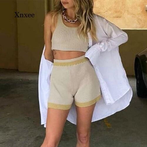 Summer Sexy Two-Piece Womens Color Matching Round Neck Sleeveless Slim Short Top + Stretch High Waist Slim Shorts