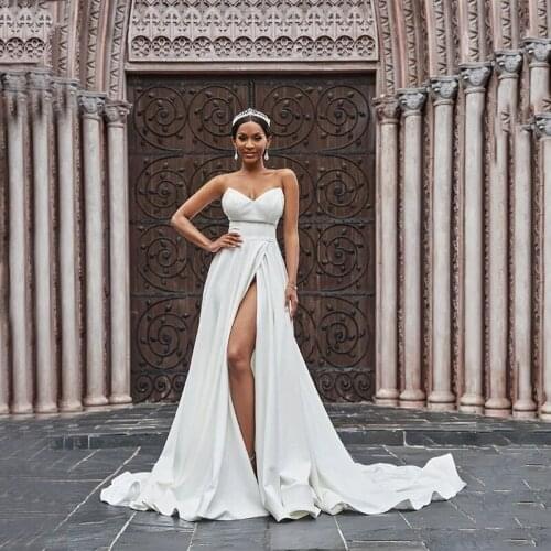 2021 Sweetheart Sexy Split Backless A-Line Satin Wedding Dress Bridal Gowns Robes De Mariées Vestidos De Novia