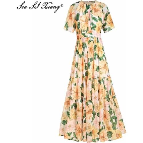 Seasixiang Fashion Designer Summer Maxi Dress Womens Short Sleeve Floral Print Bohemian Floor-Length Dresses