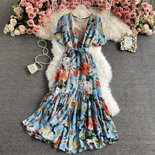 Womens Spring Summer Runway Fashion Short Sleeve Print Dress Female High Waist ChicTravel Party Fish Tail Dress TB1929