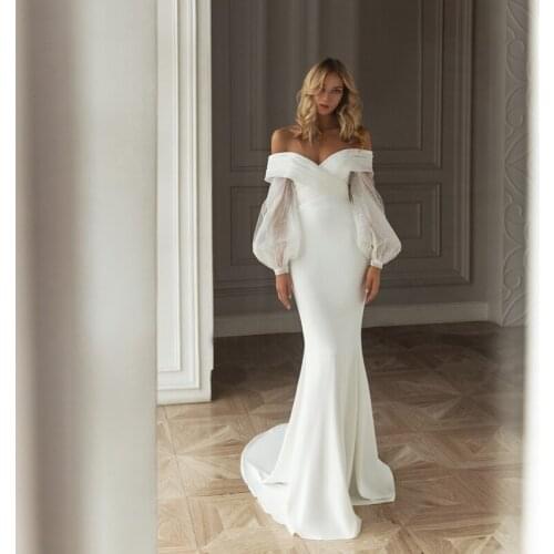 Mermaid Long Puff Sleeves Wedding Dresses 2021 Off the Shoulder Court Train Satin Bridal Gowns Glam Princess Vestido De Novia