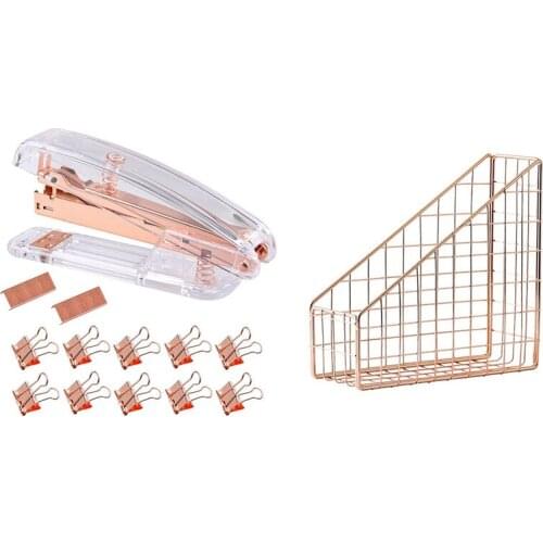 1 Set Rose Gold Stapler Acrylic Desktop Stapler & 1 Pcs Rose Gold Electroplated Iron Book Holder