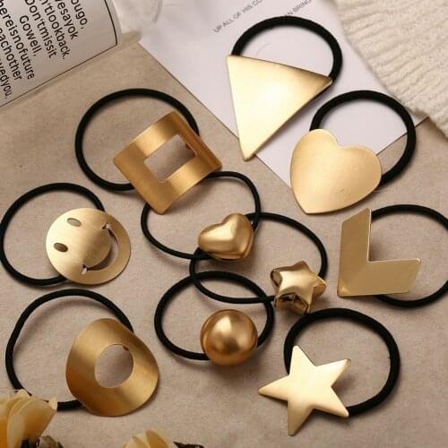 Hair Accessories Gold Color Metal Elastic Hair Bands for Women Geometric Triangle Round Ball Heart Hair Rope Ponytail Holder