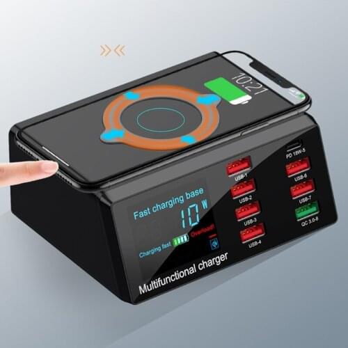 8Port Type C PD QC3.0 USB Fast Charger 10W Wireless Charger Station LED Display 1XCB