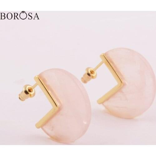 BOROSA Jewelry 5Pairs High Quality Gild Natural Rose Quartzs Stud Earrings Natural Pink Crystal Quartz Studs Gems Earring ZG0421