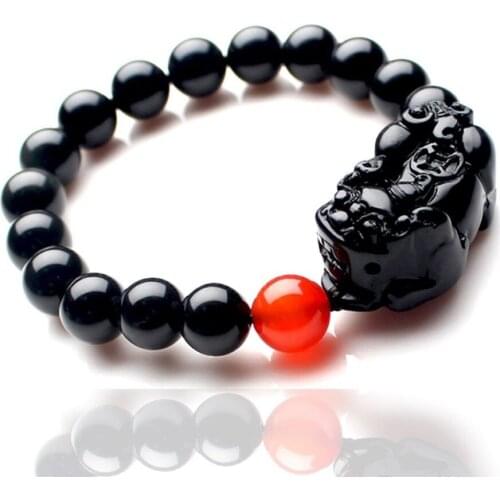 Natural Stone Black Obsidian With Red Onyx 10MM Beaded Bracelet Lucky Brave Troops Charms Women And Men Energy Jewelry