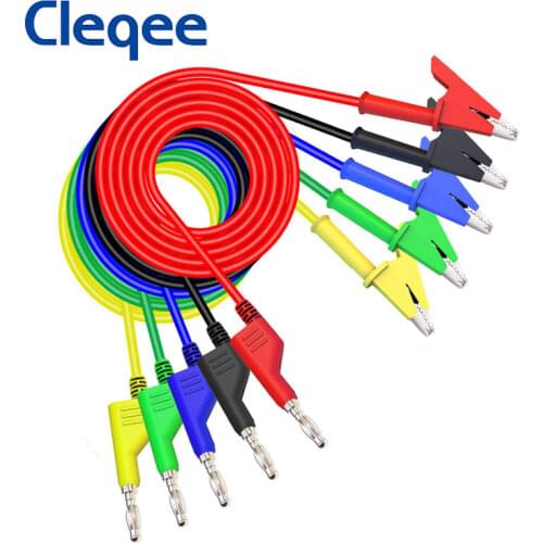 Cleqee P1037 1Set 5Pcs 1M 4mm Banana Plug to Alligator Clip Crocodile Test Probe Lead Wire Test Cable