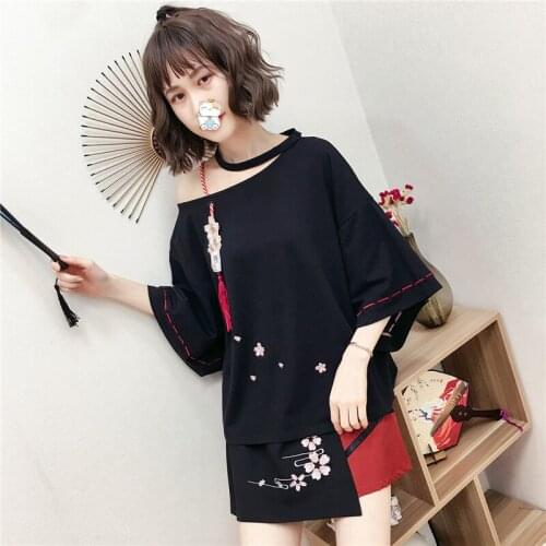 Japanese Short Sleeve T-Shirt student loose Japanese top cherry embroidery versatile summer girl cool clothesLACK retro student