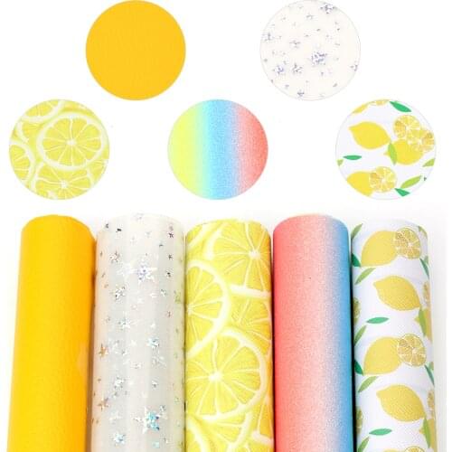 IBOWS 22*30cm 5pcs Glitter Faux Leather Sheet Fruits Cartoon Lemon Printed Synthetic Leather Fabric DIY Handmade Crafts Material