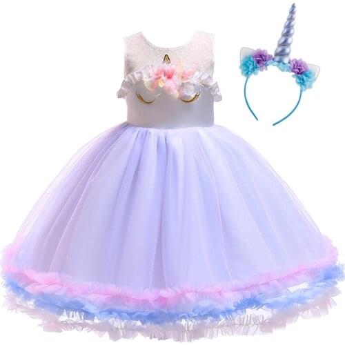 2pcs Set Cute Baby Kid Girls Clothes Set Headband Girls Dress Rainbow Unicorn Fancy Dress Up Flower Girls Party Birthday Outfit