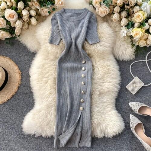 Summer Knitted Sweater Dress Women Sexy Party Mini Dress French Button Short Sleeve High waist Bodycon Dress