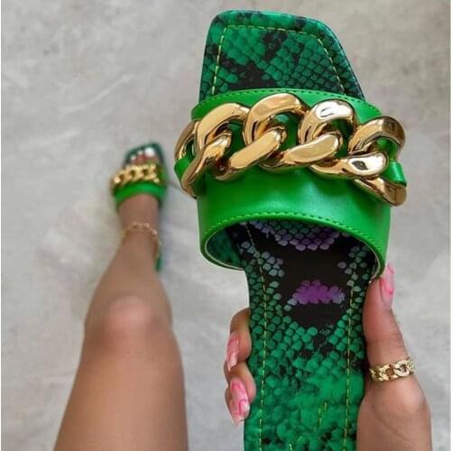 Summer Women Slippers Square Toe Serpentine Chain Sandals Female Outdoor Causal Slides Flat Shoes Ladies Footwear New