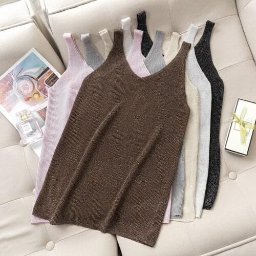 Summer glitter knitted camis women sleeveless vest shiny casual tank tops sexy v neck plus size camisole loose Female Crop Tops
