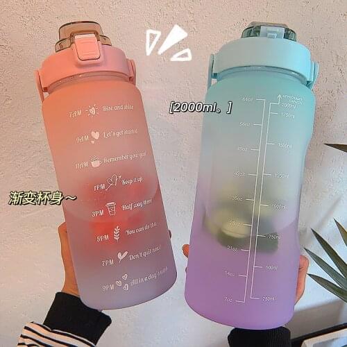 Summer Girls Sports Water Bottle With-Time Marker Super Large Capacity With Straw Plastic Cup Portable Milk Juice Drink Bottle