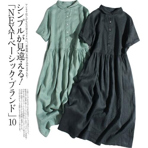 Summer Women Simple Loose Cute Mori Girls Japan Style Comfortable French 17*21 Water Washed Linen Shirt Dresses W/h Side Pockets