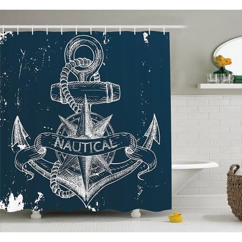 Marine Shower Curtain Nautical Knot Compass Anchor Pattern Sea World Ocean Life Grunge Illustration Bathroom Decor Set