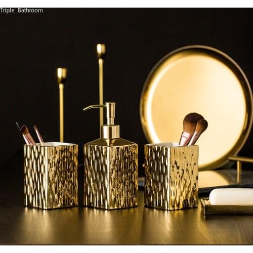Ceramic Bathroom Accessories Set Gold silver Soap Dispenser Gargle Cup Soap Dish Home bathroom decor wash set Gold Finished