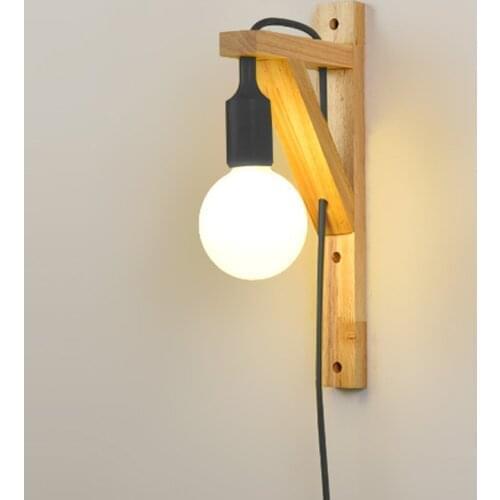 Wood Wall Lamp with Plug Switch Bedroom Bedside Light Night Stand Modern LED Sconces Stairs Home Decor E27 lampe applique murale