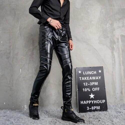2021 Mens Winter New Style Zipper Decoration Slim Foot Leather Pants Teen Tight Trendy Motorcycle Leather Pants